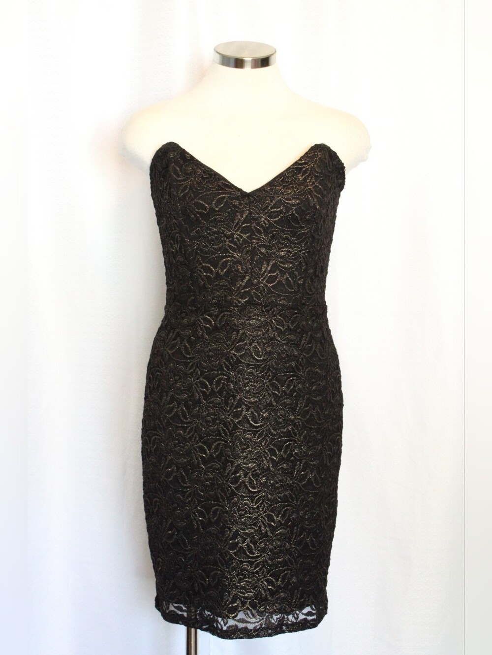 Moda International Black Gold Floral Jacquard Strapless Sheath Dress Size 8
